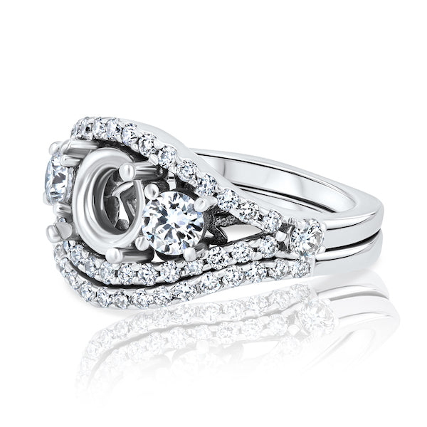 Layered Three-Stone Diamond Split-Shank 14K White Gold Engagement Ring Setting