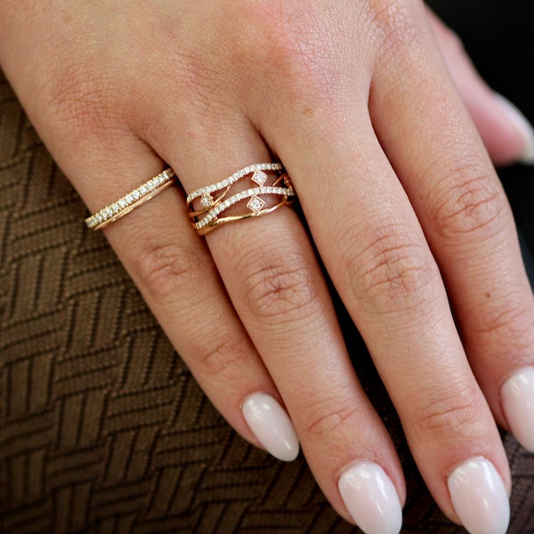 "Seascape" Wavy 0.37 Carat Diamond Ring 14K Rose Gold Wide Right Hand Ring