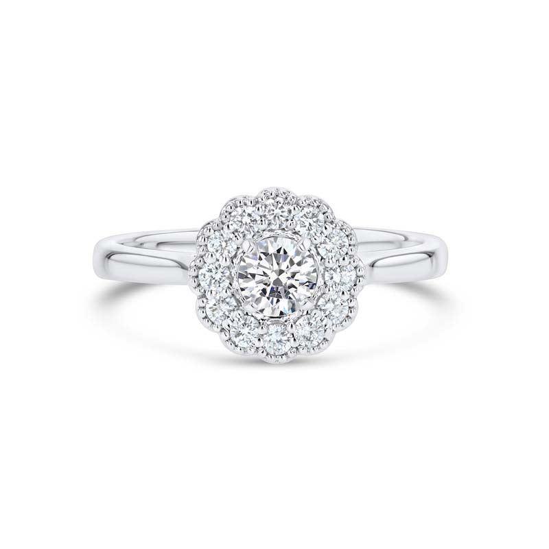 Scallop Style Diamond Beaded Halo 18K White Gold Engagement Ring Setting