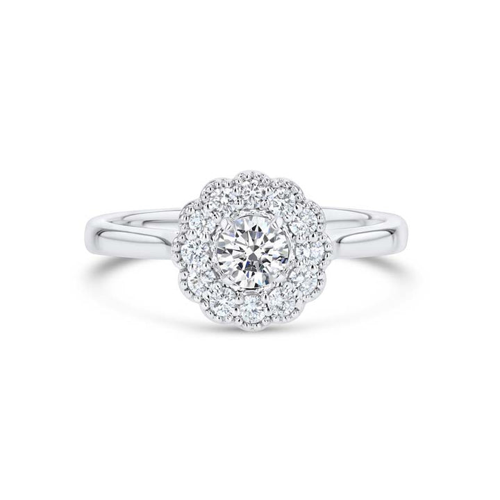 Scallop Style Diamond Beaded Halo 18K White Gold Engagement Ring Setting