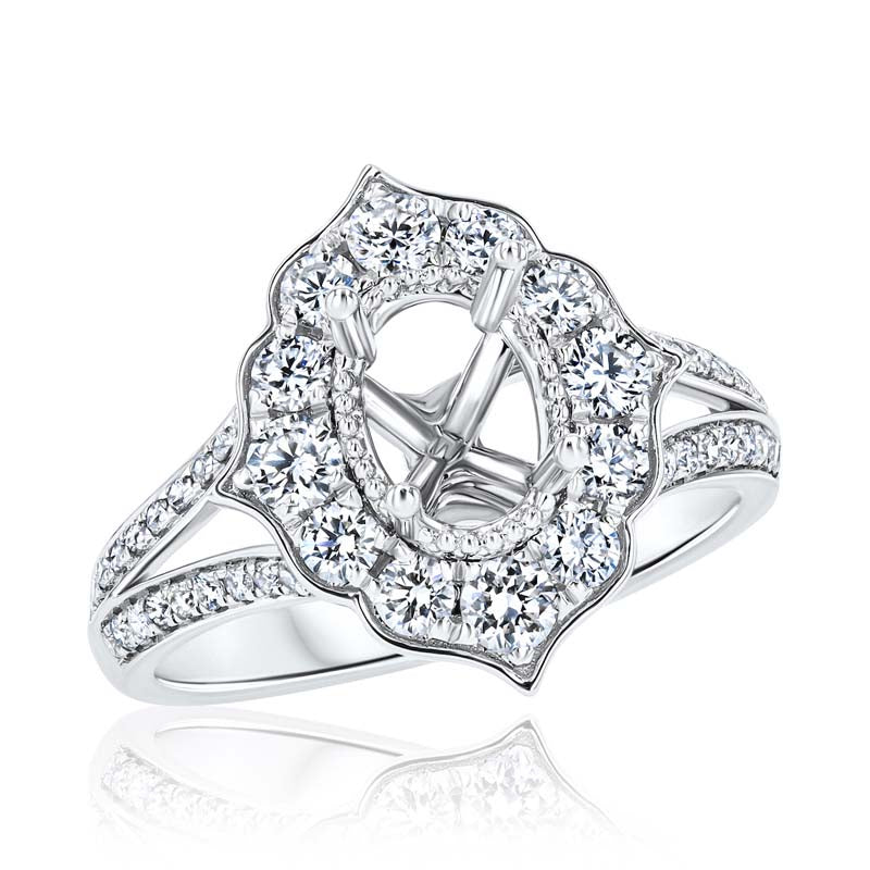 High-Point Milgrain Diamond Vintage Style 18K White Gold Engagement Ring Setting