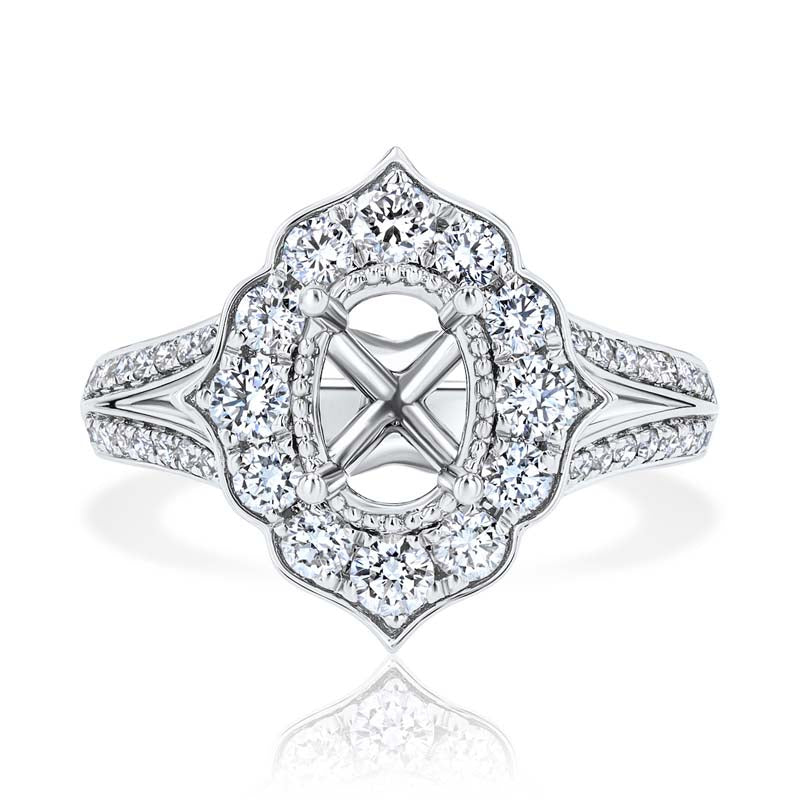 High-Point Milgrain Diamond Vintage Style 18K White Gold Engagement Ring Setting