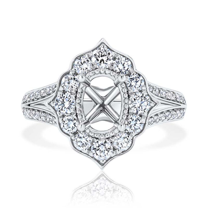 High-Point Milgrain Diamond Vintage Style 18K White Gold Engagement Ring Setting