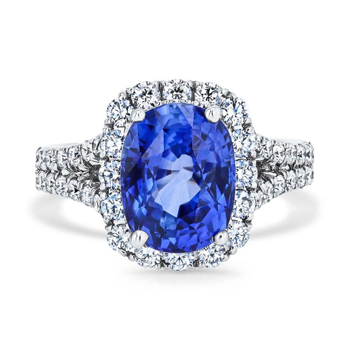 4.10 Carat Oval Sapphire & Diamond Halo Split-Shank 18K White Gold Ring