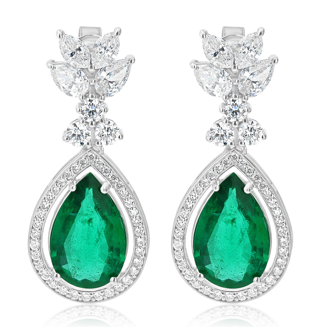18K White Gold Pear-Shaped Emerald & Diamond Drop Earrings