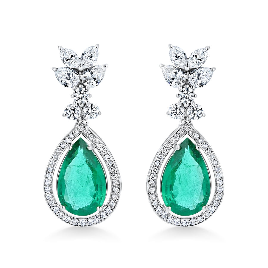 Contemporary Pear Shaped Emerald & Diamond Drop Halo 18K White Gold Earrings