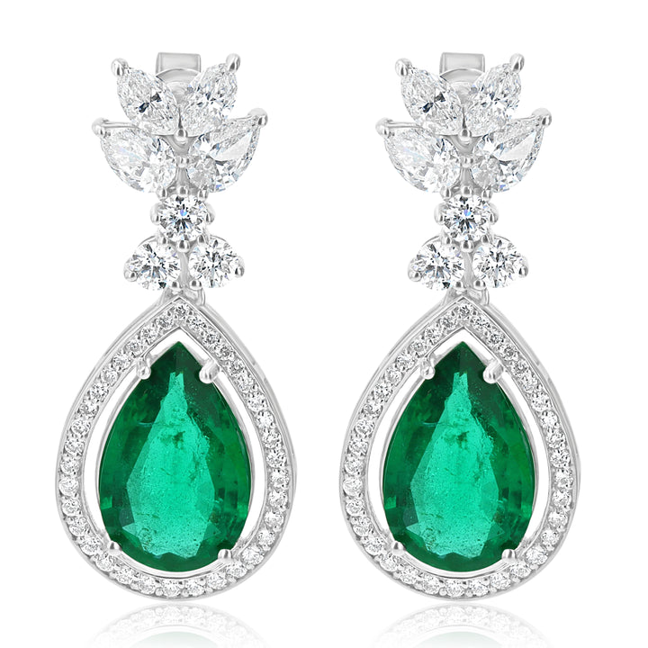 18K White Gold Pear-Shaped Emerald & Diamond Drop Earrings