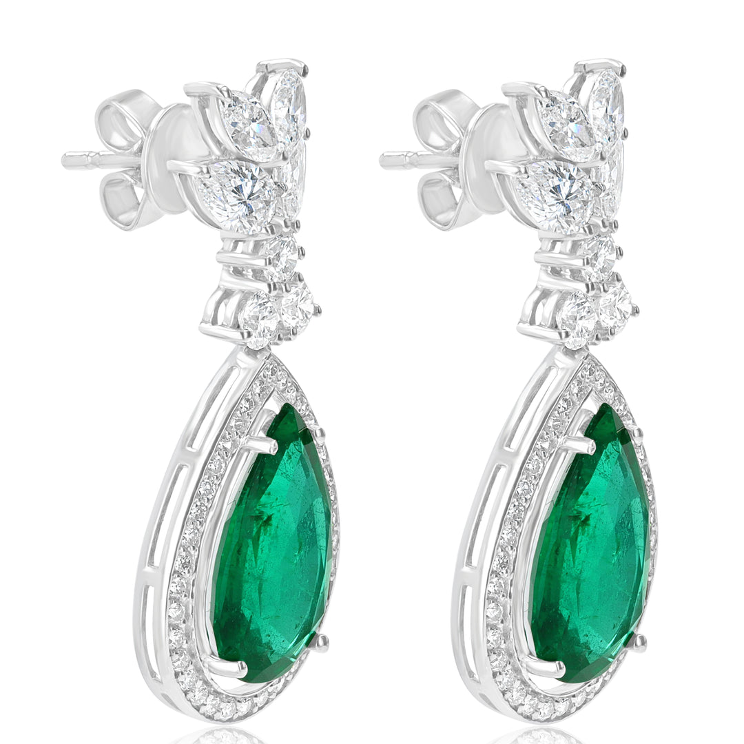 18K White Gold Pear-Shaped Emerald & Diamond Drop Earrings