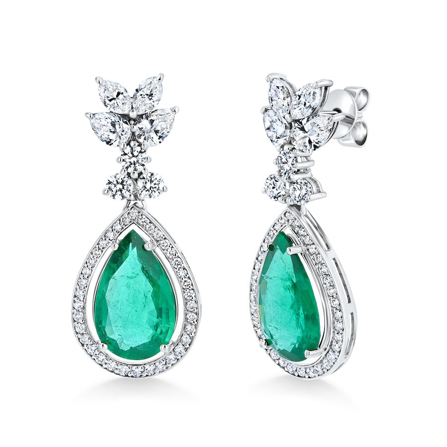 Contemporary Pear Shaped Emerald & Diamond Drop Halo 18K White Gold Earrings