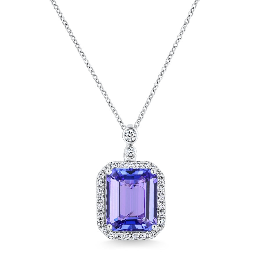 6.32 Carat Emerald-Cut Tanzanite & 0.36 Carat Double Drop Diamond Halo 14K White Gold Pendant