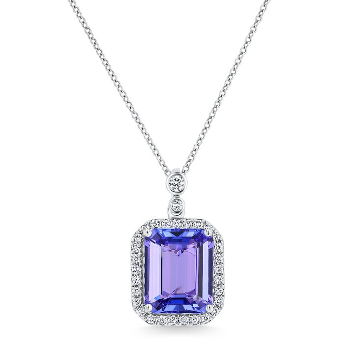 6.32 Carat Emerald-Cut Tanzanite & 0.36 Carat Double Drop Diamond Halo 14K White Gold Pendant