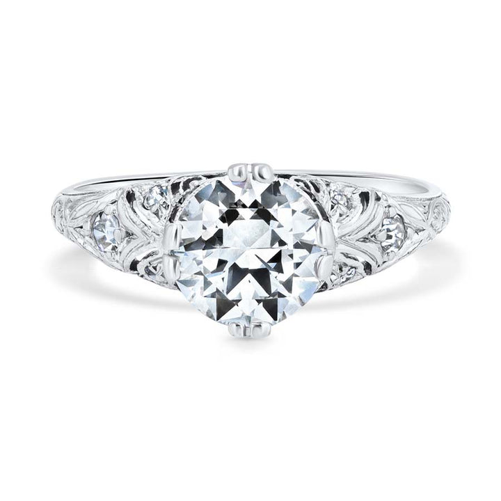 Art Deco 1.33 Carat Old European Cut Diamond Sapphire Platinum Foliate Engagement Ring