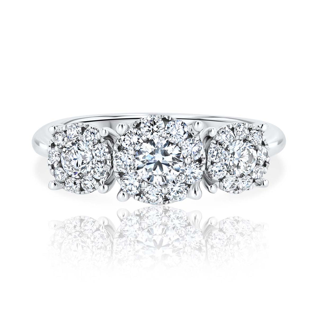 Three-Stone Cluster 0.90 Carat Diamond 18K White Gold Ring