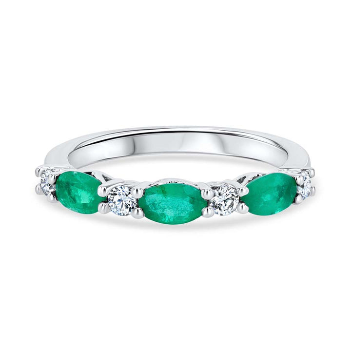 Birthstone Oval Emerald & Diamond Alternating 18K White Gold Band