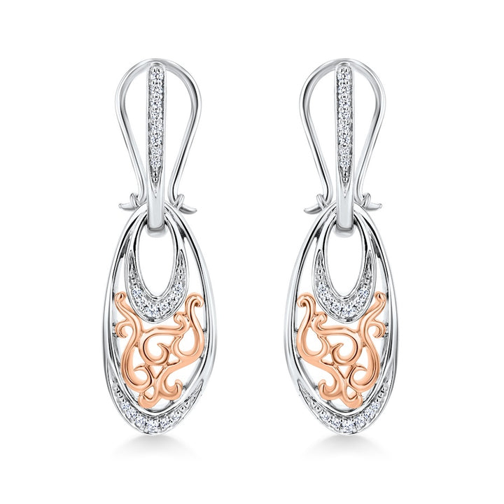 Vintage Inspired Scroll Diamond 18K Two Tone Drop Earrings