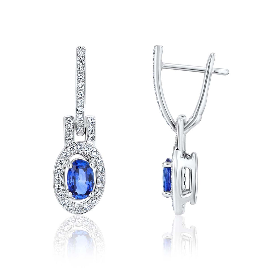 Oval Sapphire & Diamond Halo 18K White Gold Drop Earrings