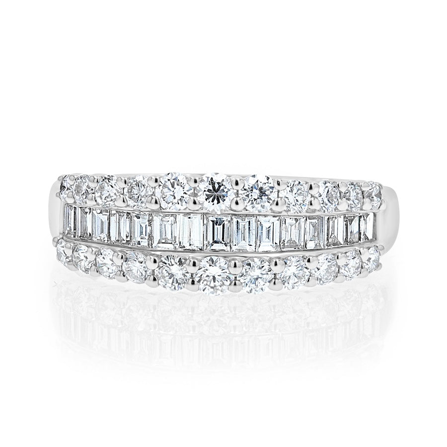 Bold 0.98 Carat Round & Baguette-Cut Diamond 18K White Gold Three-Row Split-Prong Band