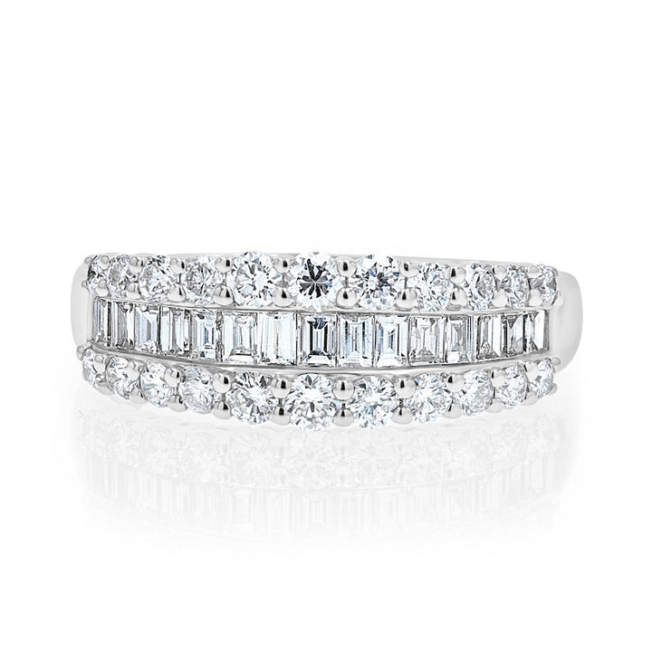 Bold 0.98 Carat Round & Baguette-Cut Diamond 18K White Gold Three-Row Split-Prong Band