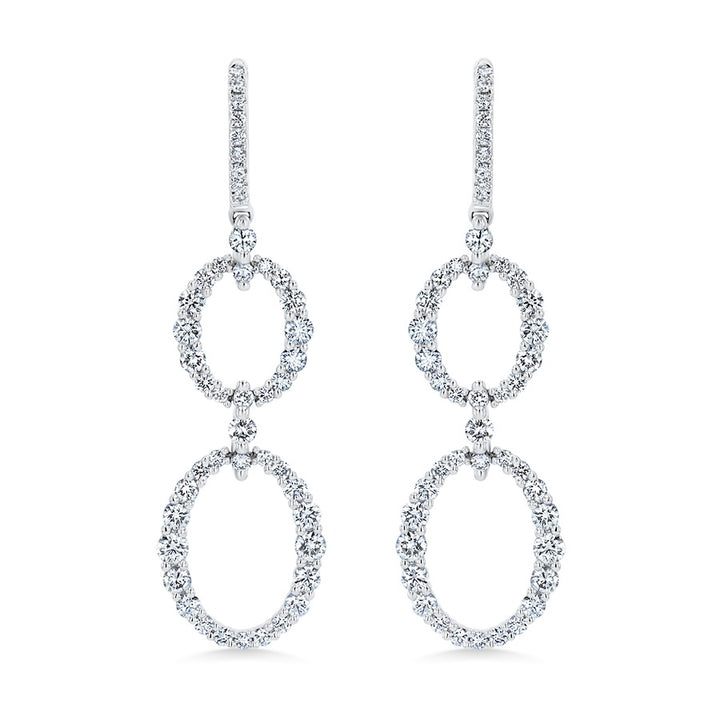 Double Open Oval Diamond 18K White Gold Drop Hoop Earrings