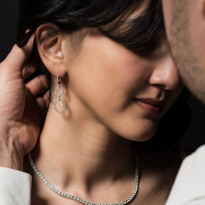 Double Open Oval Diamond 18K White Gold Drop Hoop Earrings