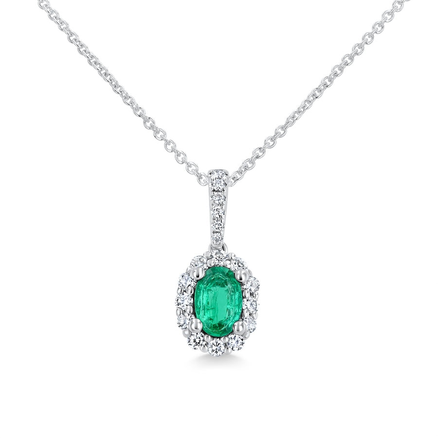 Oval Emerald & Diamond Halo 18K White Gold Drop Pendant