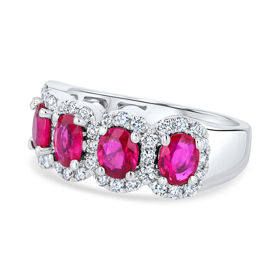 Five-Stone Oval Ruby & Diamond Halo 18K White Gold Ring