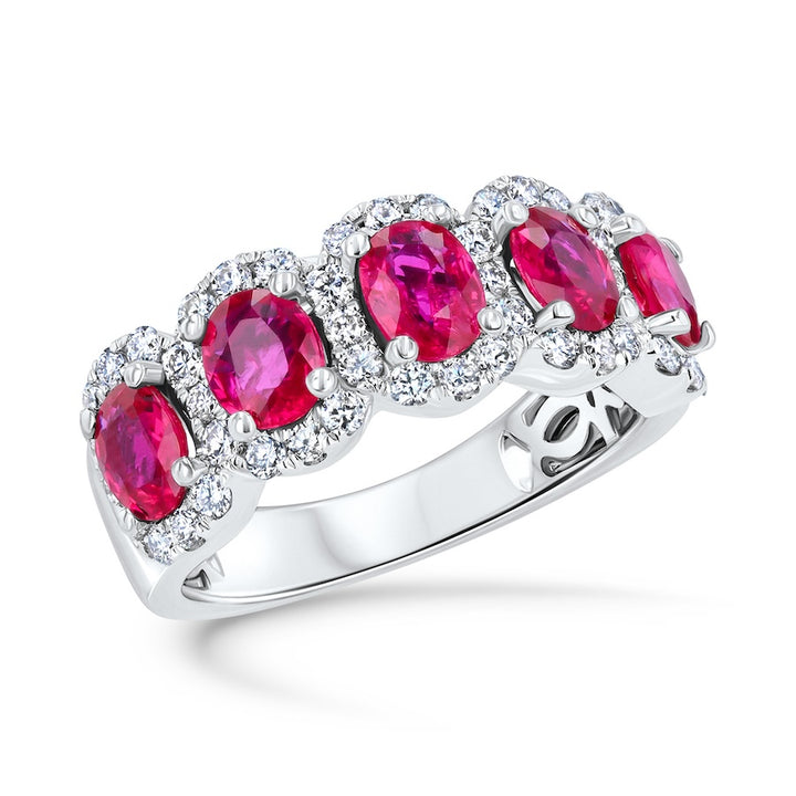 Five-Stone Oval Ruby & Diamond Halo 18K White Gold Ring