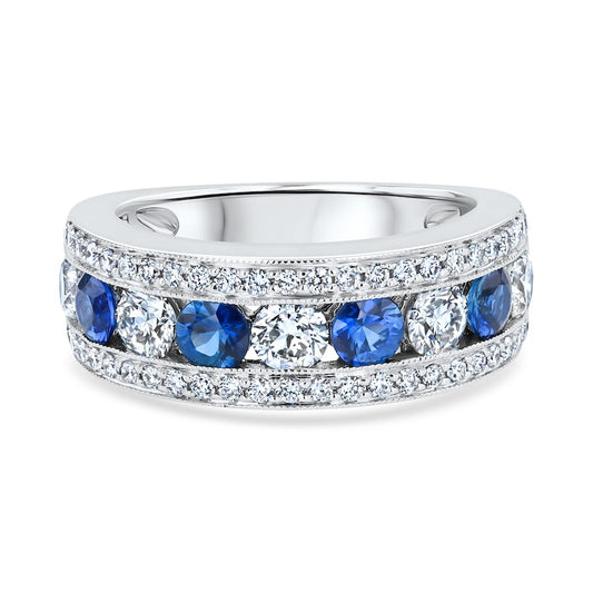 Three-Row Alternating Sapphire & Diamond 18K White Gold Band
