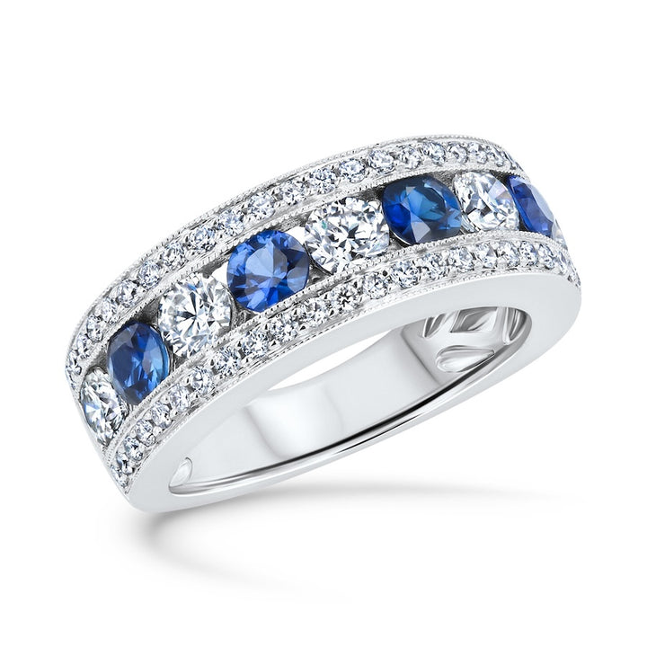 Three-Row Alternating Sapphire & Diamond 18K White Gold Band