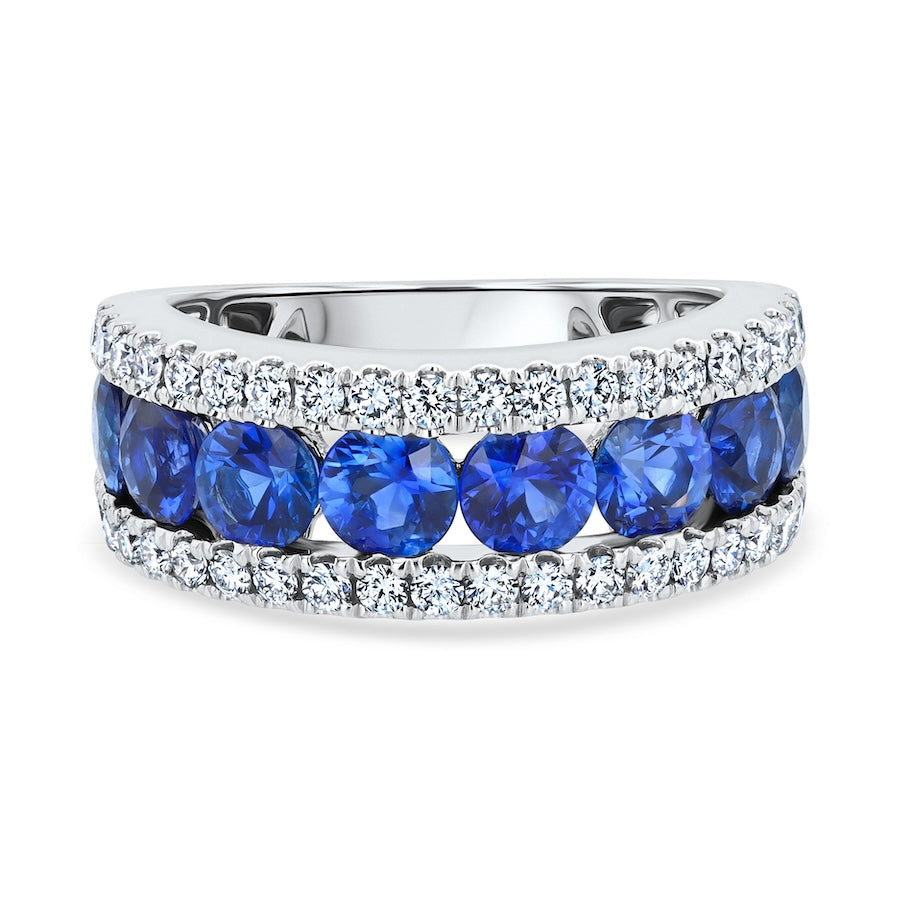 Three-Row Sapphire & Diamond 18K White Gold Band