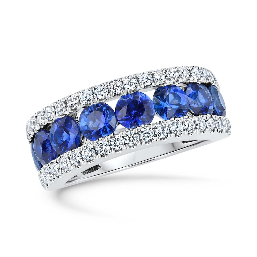 Three-Row Sapphire & Diamond 18K White Gold Band
