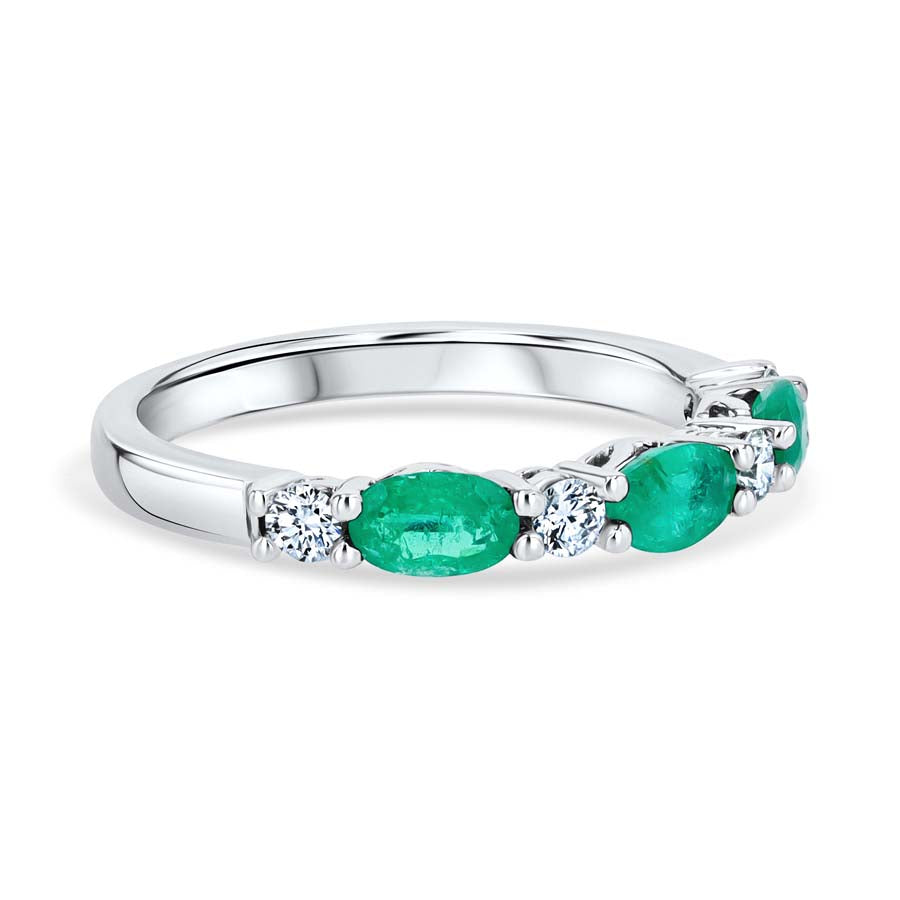 Birthstone Oval Emerald & Diamond Alternating 18K White Gold Band