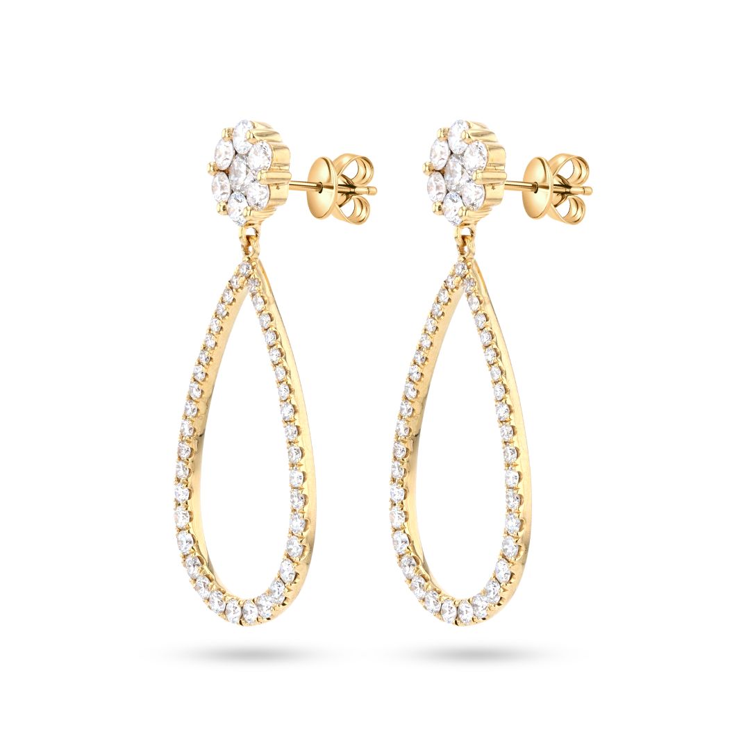Cluster Diamond Open Pear Drop 18K Yellow Gold Earrings