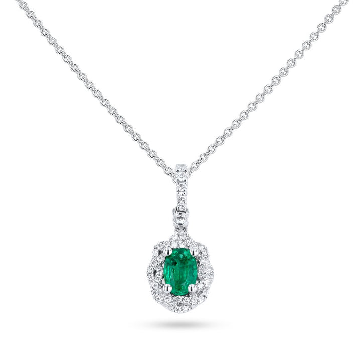 Woven Oval Emerald & Diamond Halo Drop 18K White Gold Pendant
