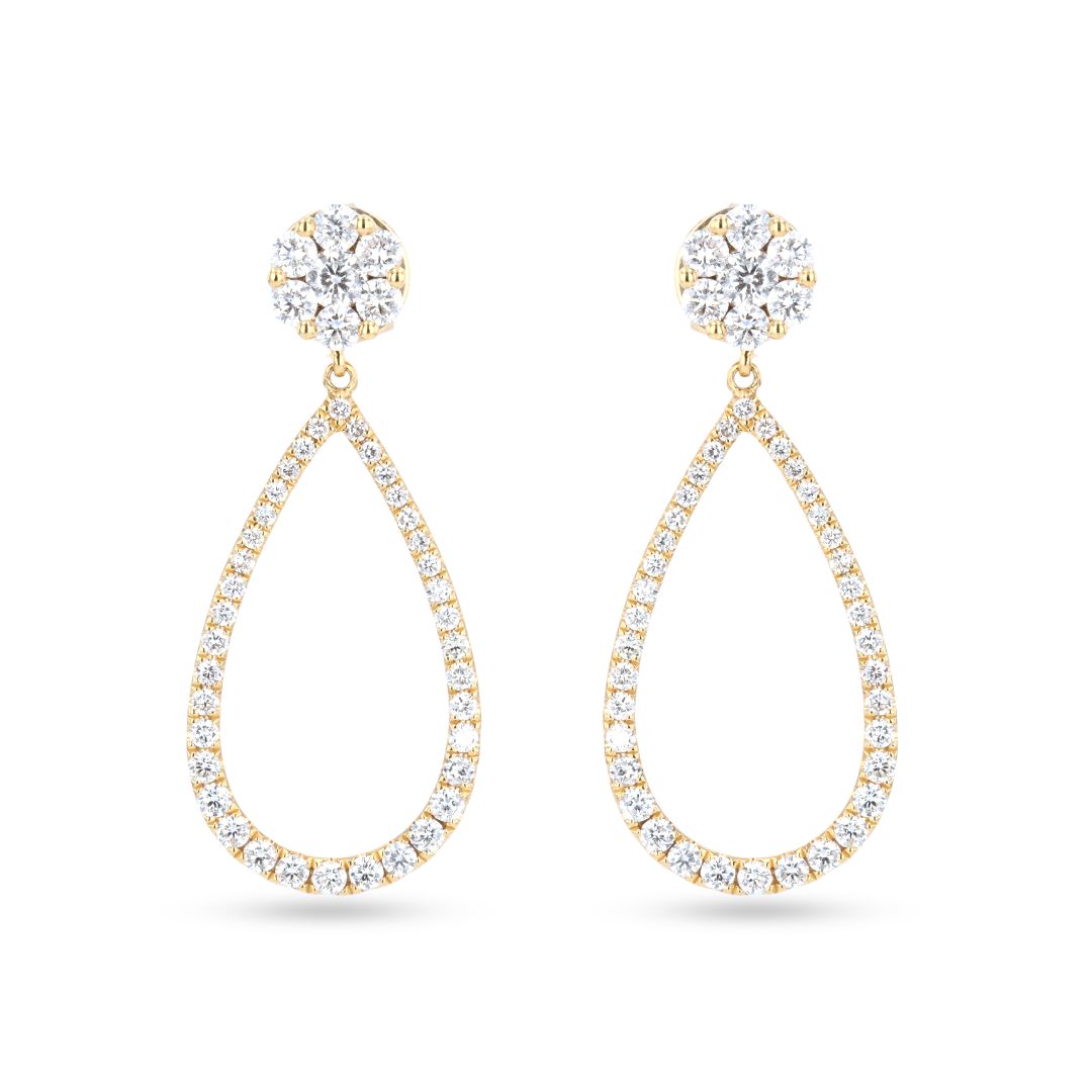 Cluster Diamond Open Pear Drop 18K Yellow Gold Earrings