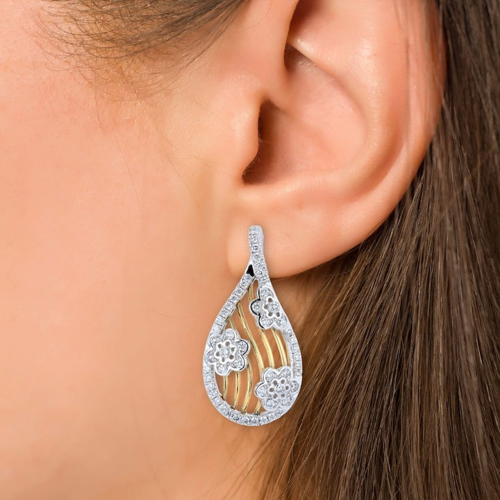 "Falling Flower" Two-Tone Diamond 18K Gold Drop Earrings