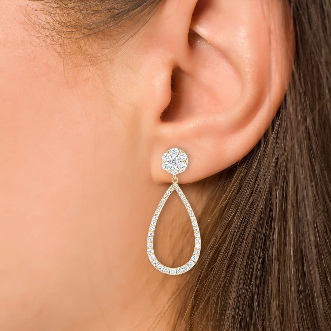Cluster Diamond Open Pear Drop 18K Yellow Gold Earrings