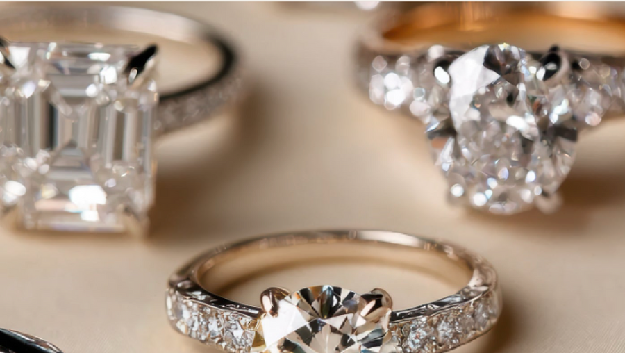 Several diamond engagement rings grouped together for comparison