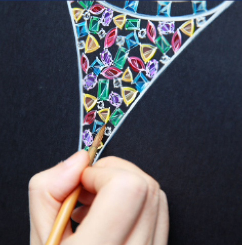 A coloured design rendering of a gemstone piece being drawn