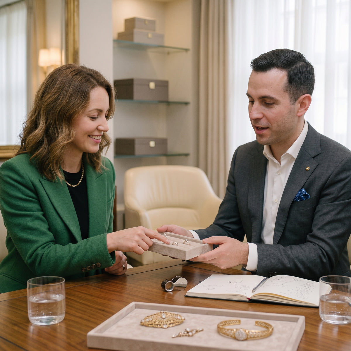 A consultant and a client sitting together in conversation during a private appointment